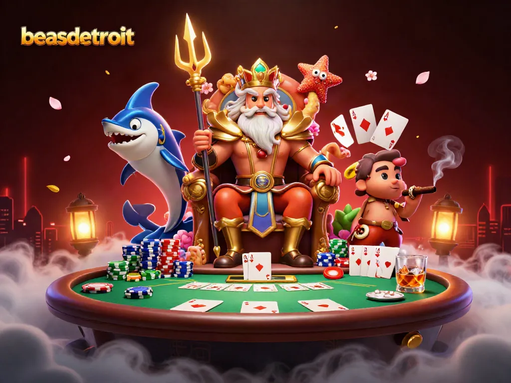 Experience the excitement at beasdetroit with Neptune and his gaming champions in a vibrant poker scene.