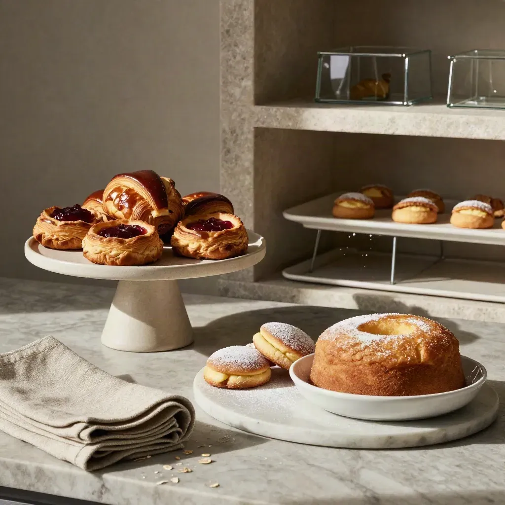 Brioche, crostate, biscotti e torta semplice su marmo, con lino e alzatina neutra.