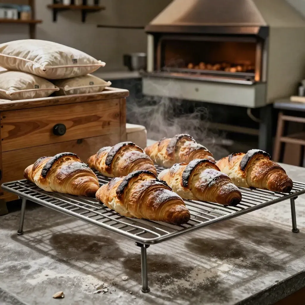 Pagnotte e filoni su rastrelliera, con pala da forno e casse in legno nella luce calda.