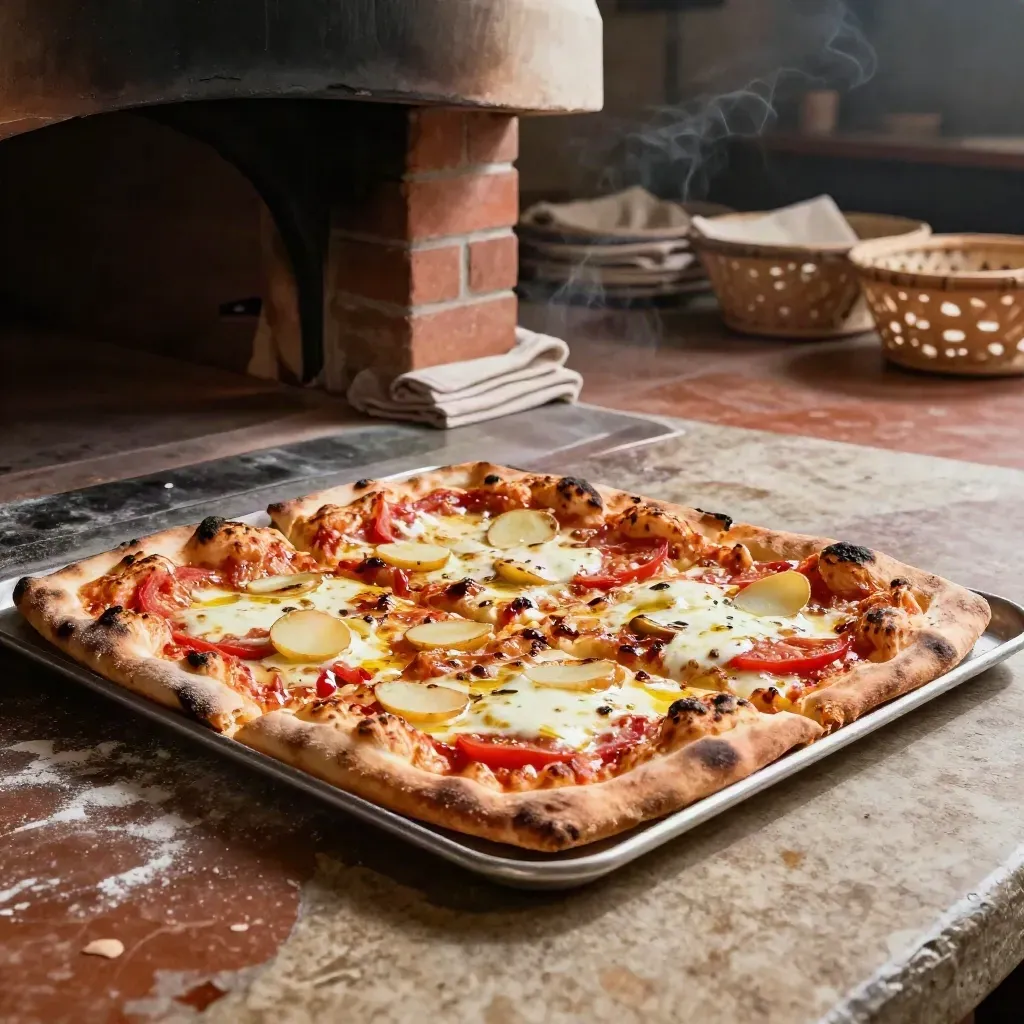 Teglia di pizza al taglio appena sfornata, con mozzarella, pomodoro e patate e vapore caldo.