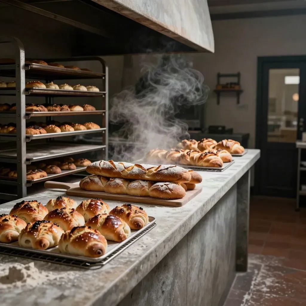 Banco del forno milanese con miche, focacce e brioche fumanti nella luce mattutina.