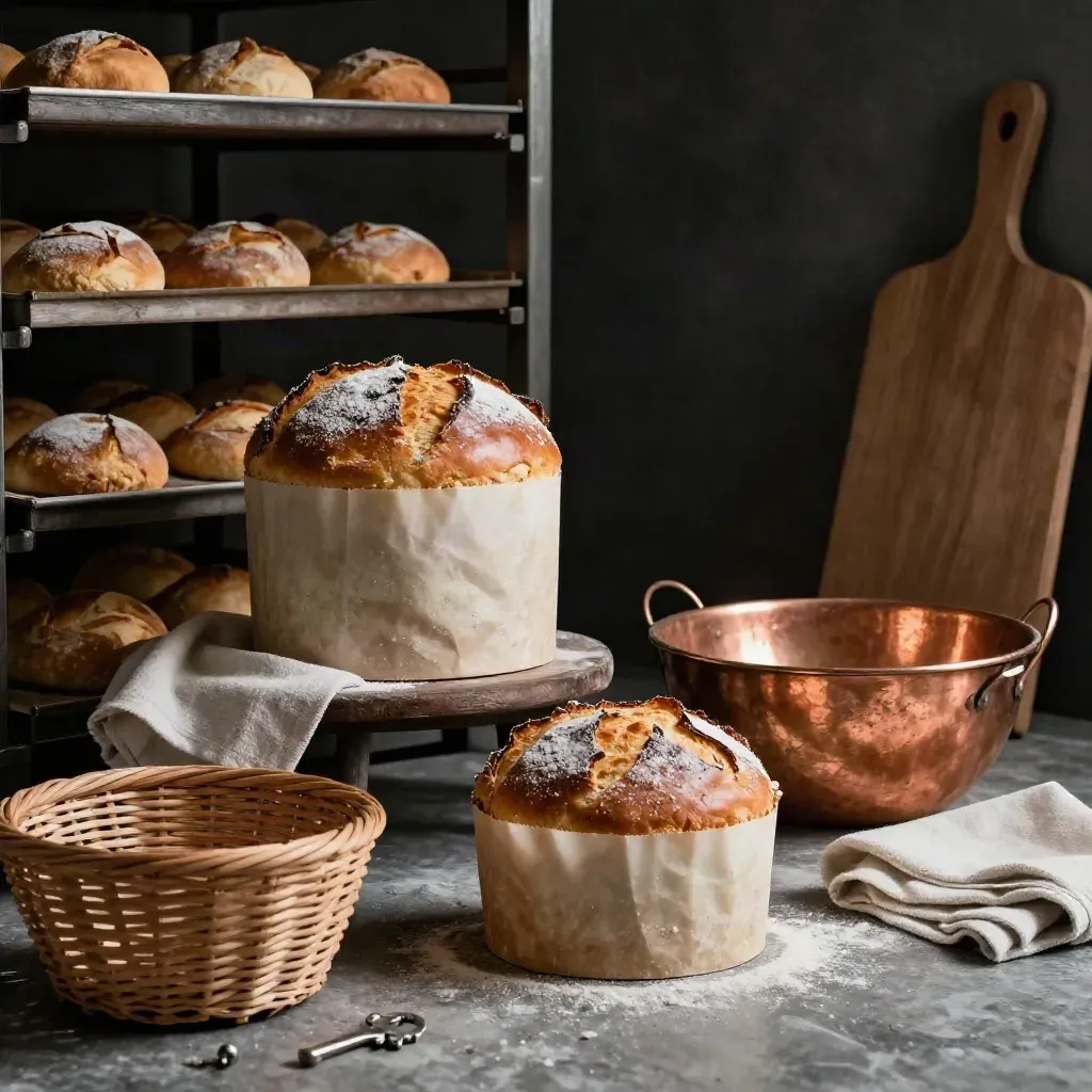 Panettone alto e colomba in lievitazione accanto a cestini e ciotola di rame in una stanza buia.