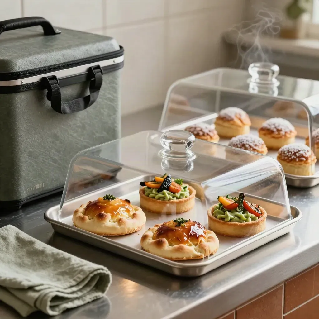 Vassoi catering con focaccine, tartine e mignon sotto campane, su banco inox.