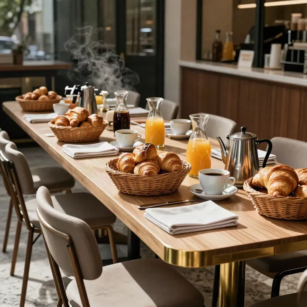 Tavolo colazione pronto nel lobby di Porta Nuova con croissant, caffè e vetrate luminose