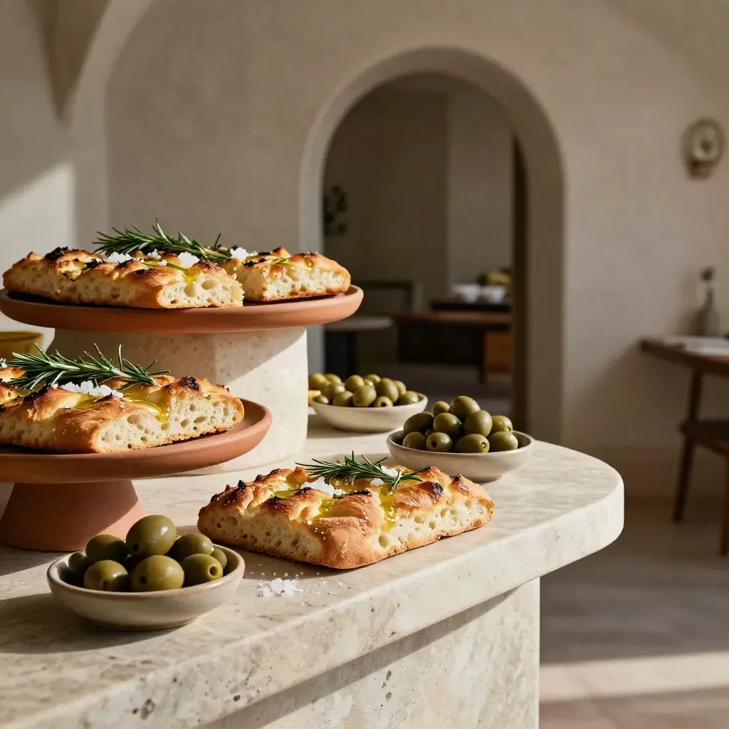 Buffet di focacce e olive su consolle in pietra, con arco morbido sul fondo.