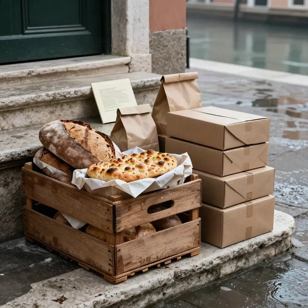 Cassette di pane e box all’ingresso di un palazzo bagnato, con scale e foschia dei Navigli.