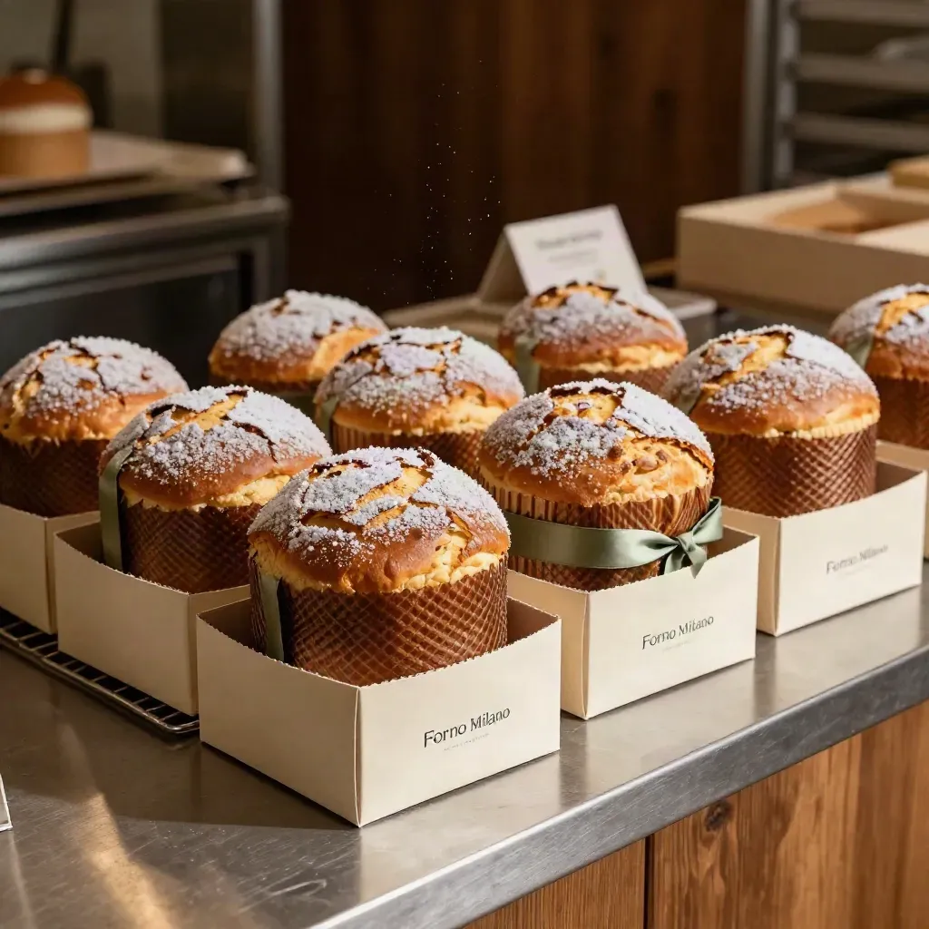 Panettoni confezionati in scatole uguali su griglie, pronti per il ritiro aziendale.