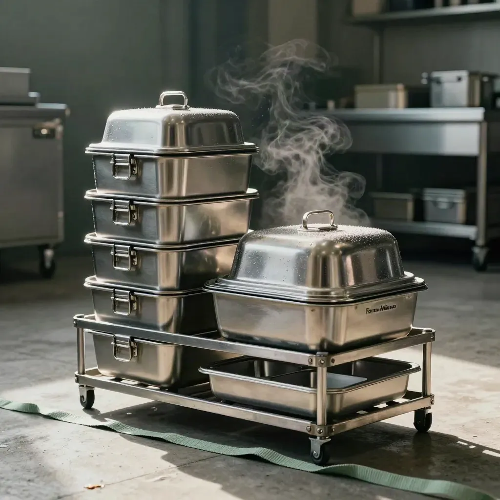 Contenitori termici e vaschette catering in un rack metallico, pronti per la consegna.