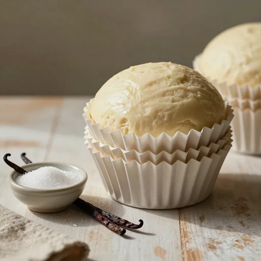 Stampi di panettone, impasto lievitato, baccelli di vaniglia e zucchero su banco di legno.