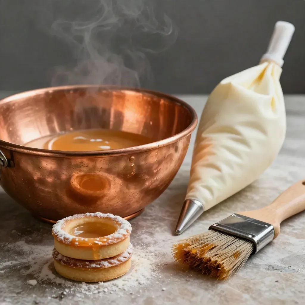 Ciotola di rame, anelli da crostata, sac à poche e pennello con glassa all’albicocca.