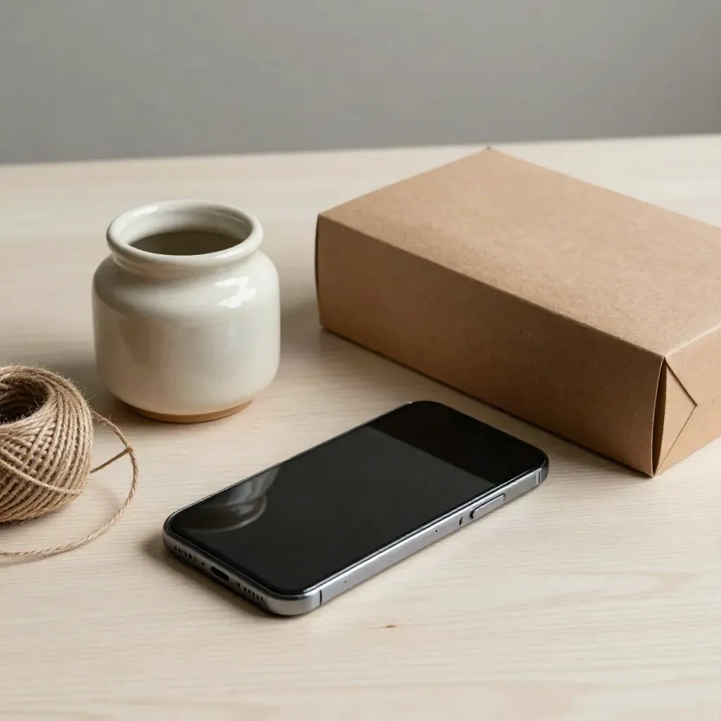 Smartphone, box pasticceria kraft, vasetto in ceramica e spago su legno chiaro.