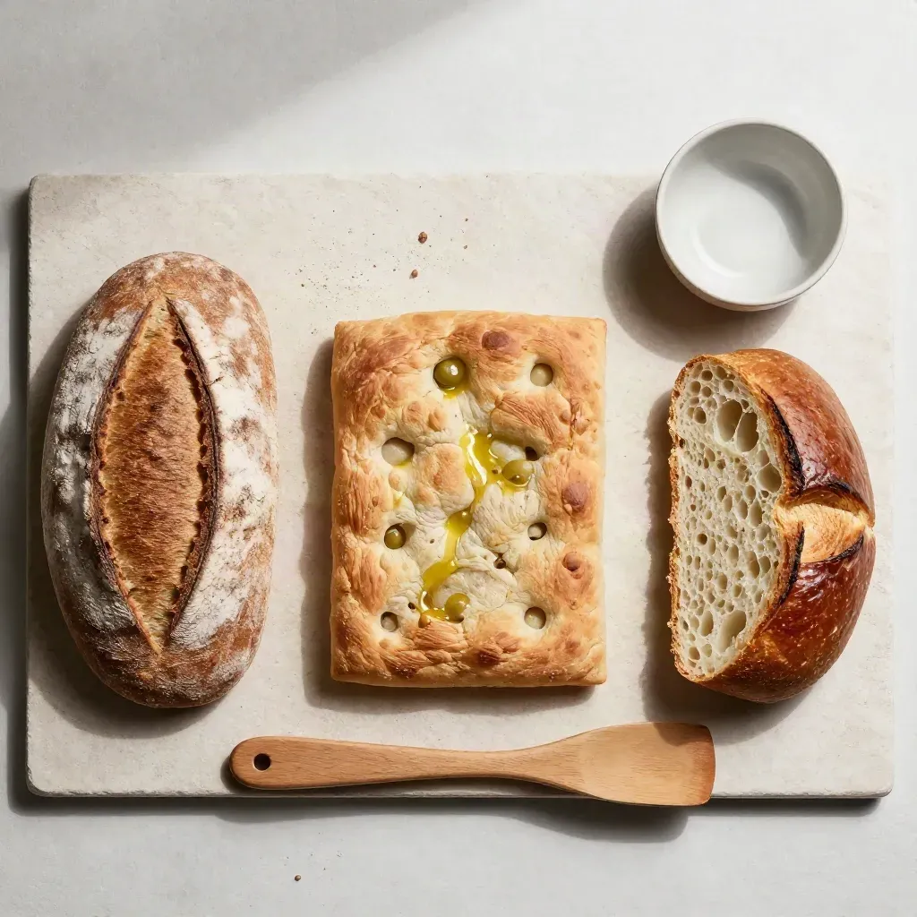 Tre assaggi di pane, focaccia e brioche con spatolina e ciotola neutra su pietra chiara.