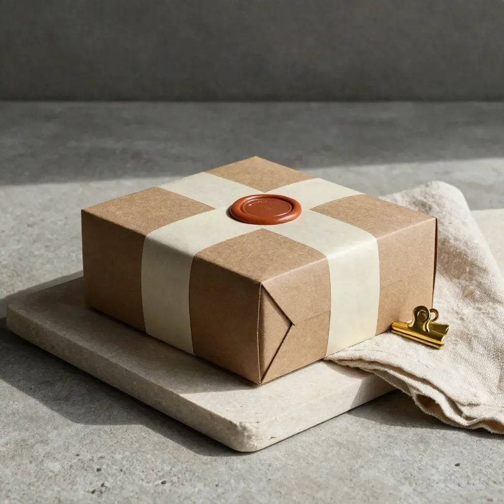Box da forno sigillata con nastro di carta, cera neutra e graffetta in ottone su vassoio in pietra.