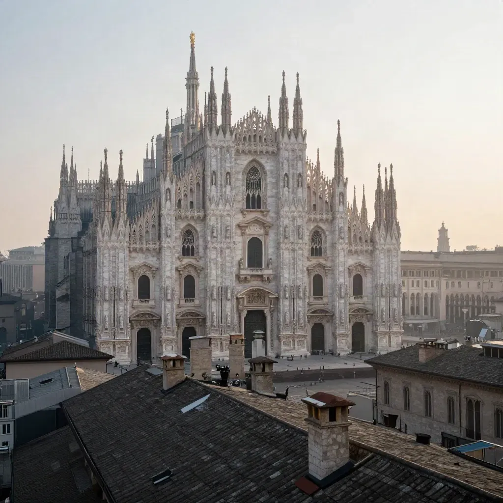 Il Duomo all’alba sopra i tetti di Brera, con foschia morbida e spazio calmo per il testo.