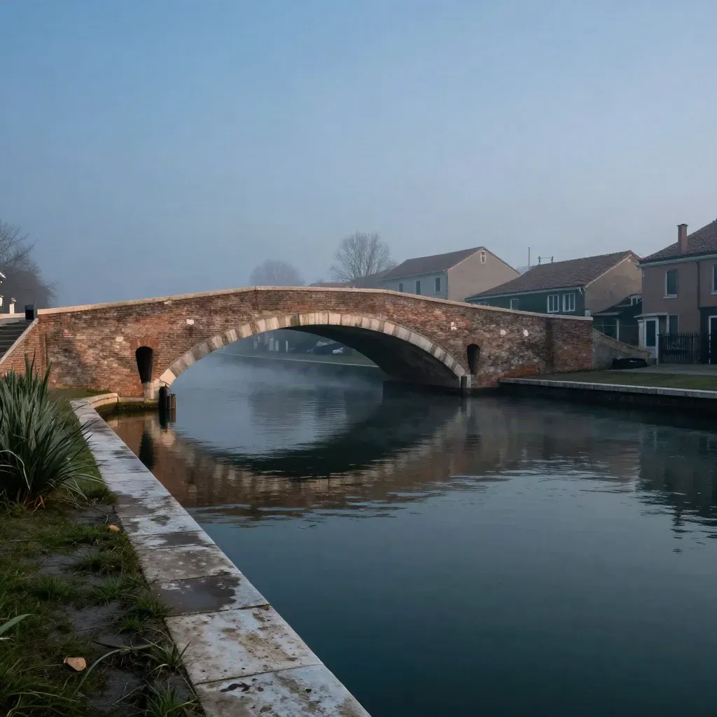 Navigli al crepuscolo con ponte in muratura, nebbia sull’acqua e riflessi quieti.