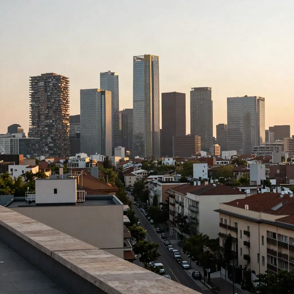 Skyline di Porta Nuova al tramonto con Bosco Verticale e Torre Unicredit sopra tetti quieti di Milano